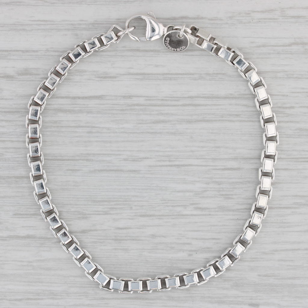 Gray Tiffany & Co Venetian Box Chain Bracelet Sterling Silver 7.5" 4mm