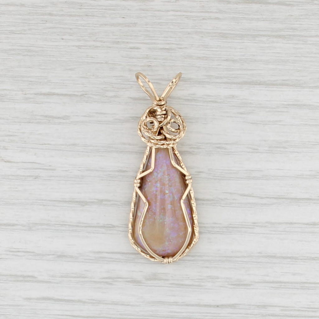 Pink Opal Teardrop Pendant Gold Filled Custom Wire Wrapped Statement