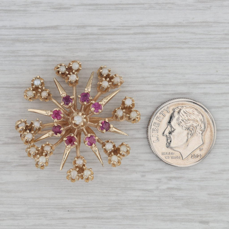 Vintage Ruby Opal Flower Brooch Pendant 14k 10k Yellow Gold Statement Pin