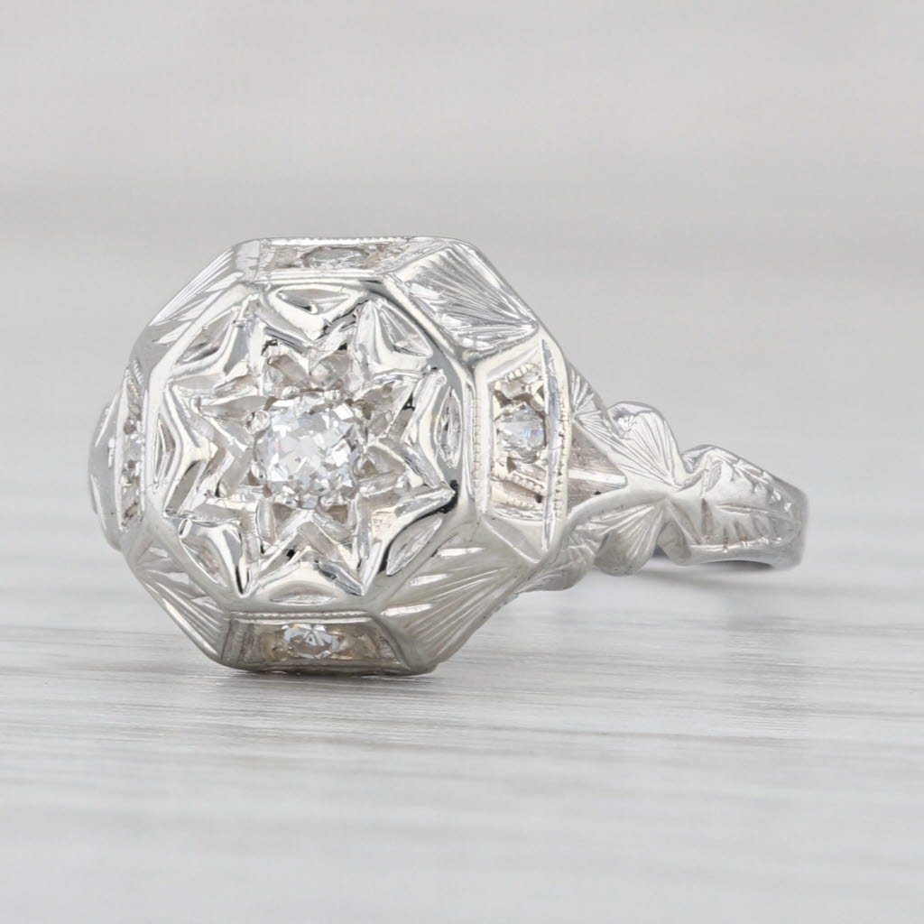 0.18ct Art Deco Diamond Star Ring 18k White Gold Size 7.25 Ornate Hand Finished