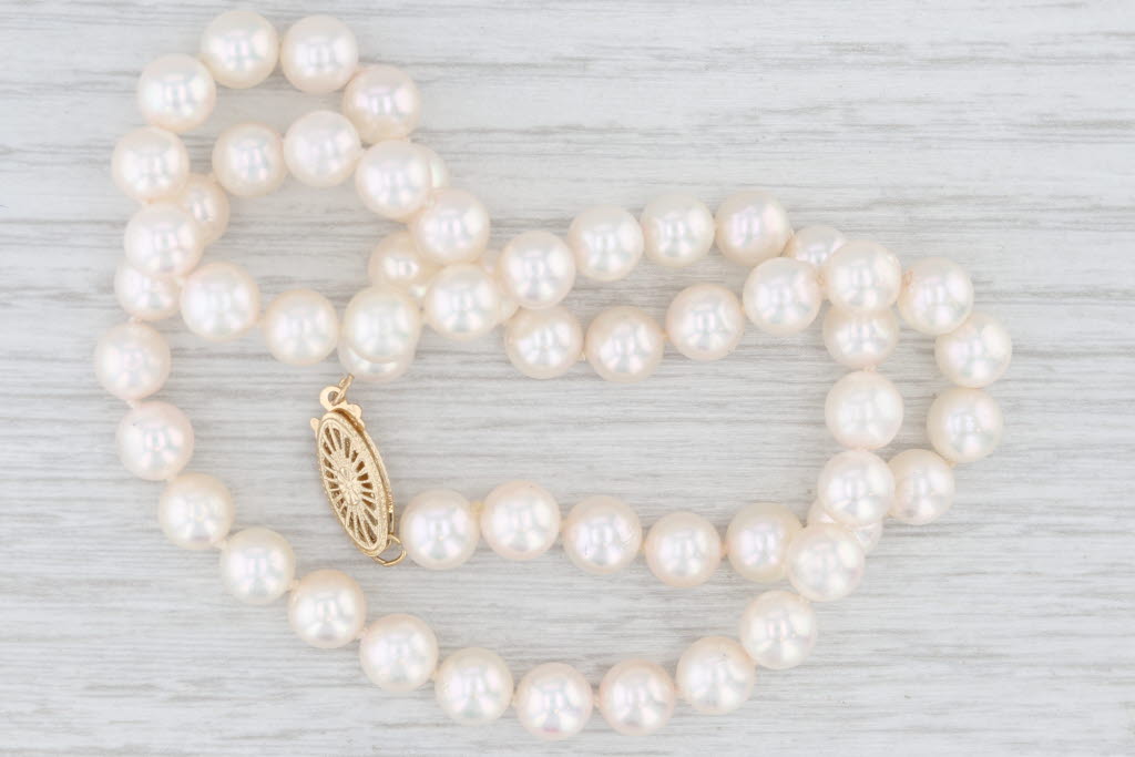 Single Pearl Bead Strand Necklace 14k Yellow Gold 16" 6.7-6.9mm
