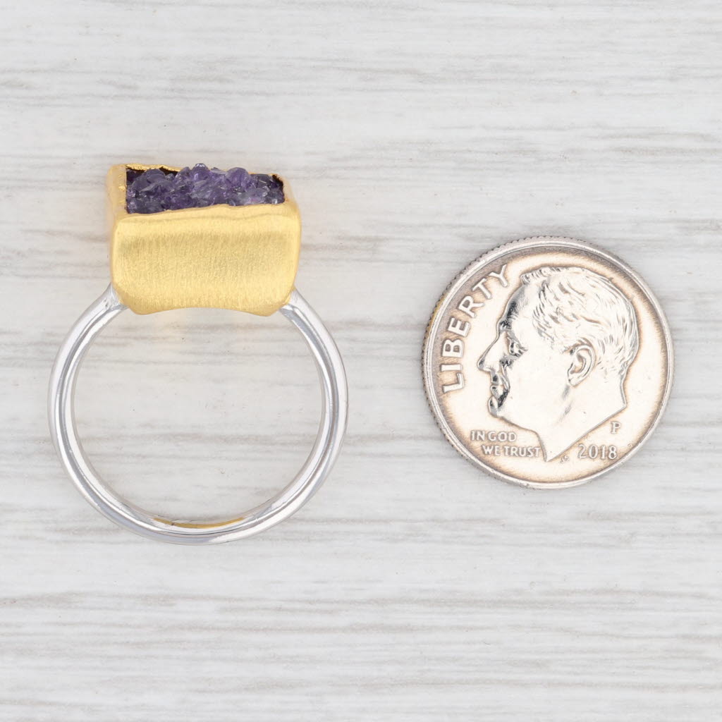 New Nina Wynn Druzy Quartz Amethyst Ring Sterling Silver 22k Gold Vermeil Sz 7