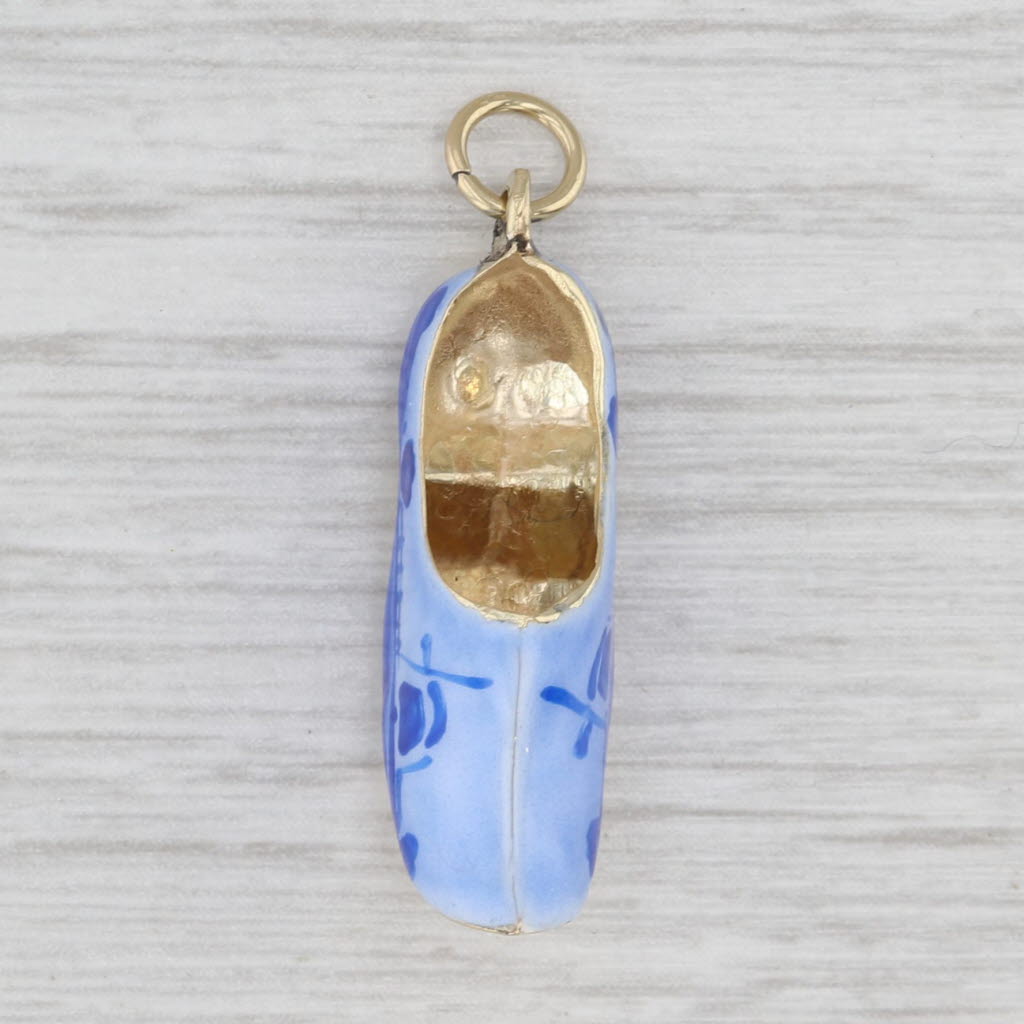 Light Gray Pastoral Scene Dutch Clog Charm 14k Gold Enamel Pendant International Hallmarks