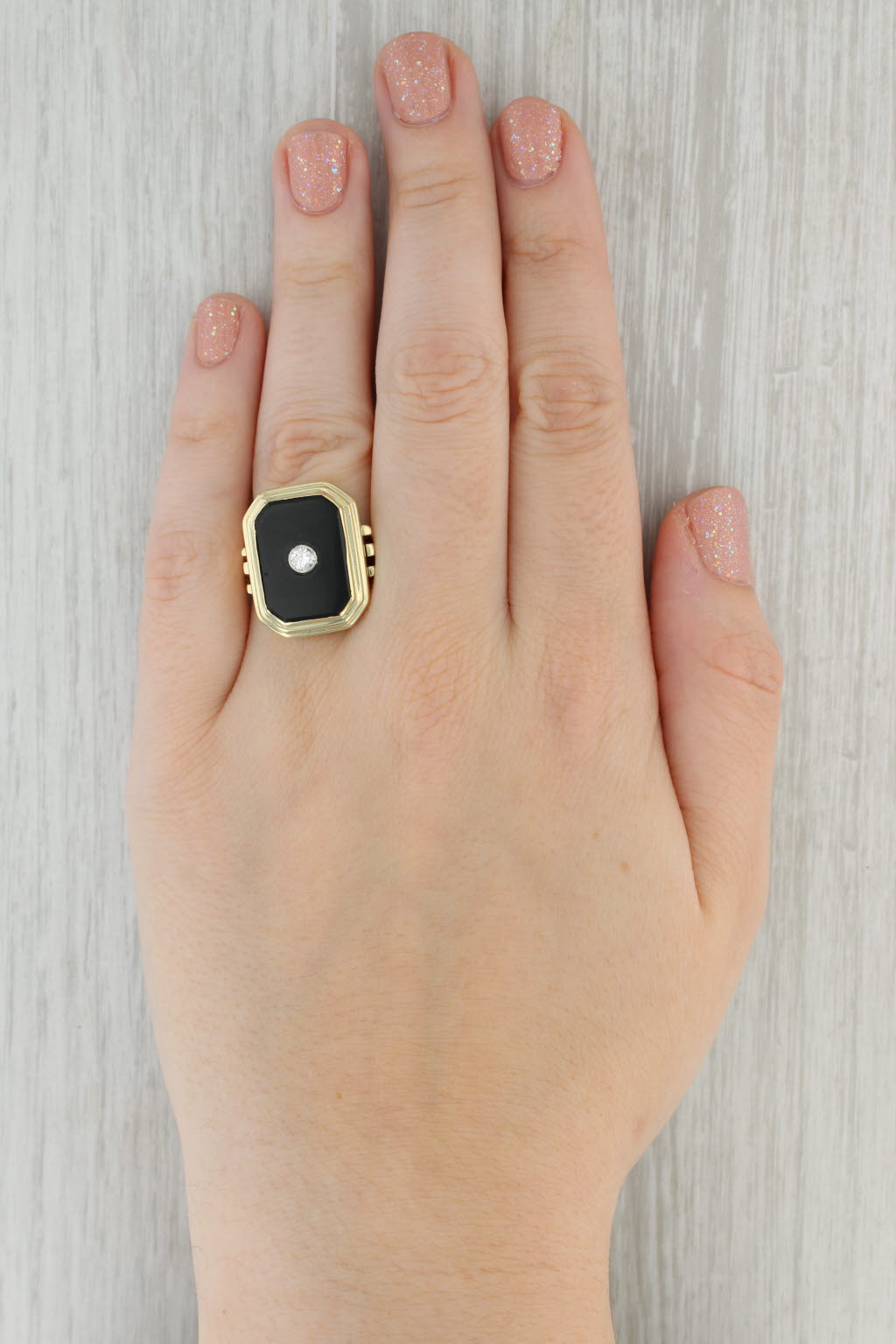 Tan Onyx Diamond Signet Ring 14k Yellow Gold Vintage Size 11.75