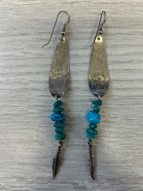 Dark Gray Vintage Turquoise Bead Feather Dangle Earrings Sterling Silver Native Americans