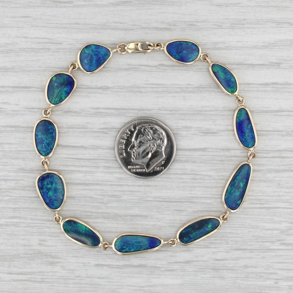 7.5" Blue Green Boulder Opal Bracelet 14k Yellow Gold