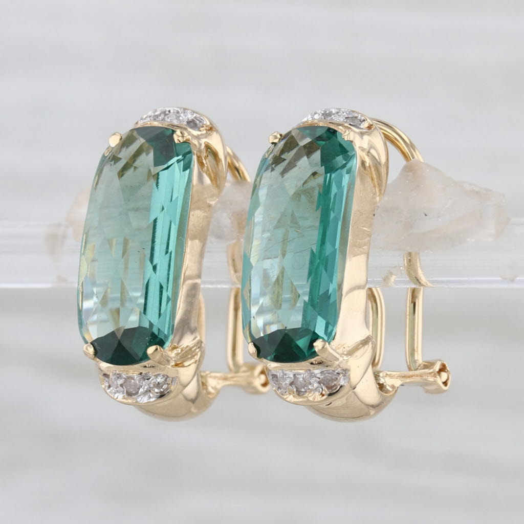 4.97ctw Green Quartz Diamond Earrings 14k Yellow Gold Omega Back Drops