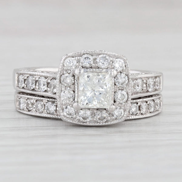 Light Gray 1.02ctw Princess Diamond Halo Engagement Ring Wedding Band Set 14k Gold Size 5.5