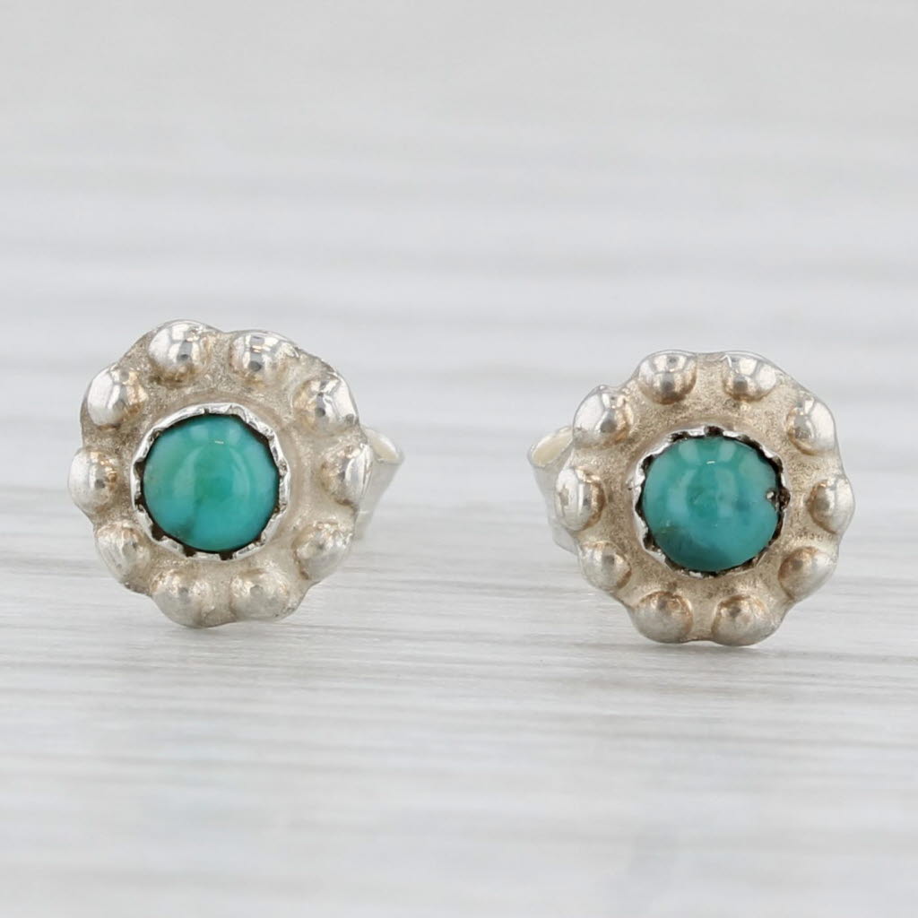 Light Gray Turquoise Solitaire Flower Stud Earrings Sterling Silver Small Studs