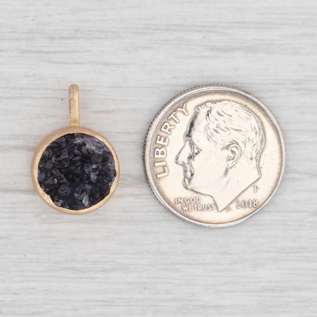 New Nina Wynn Amethyst Druzy Quartz Pendant 18k Yellow Gold Solitaire Charm
