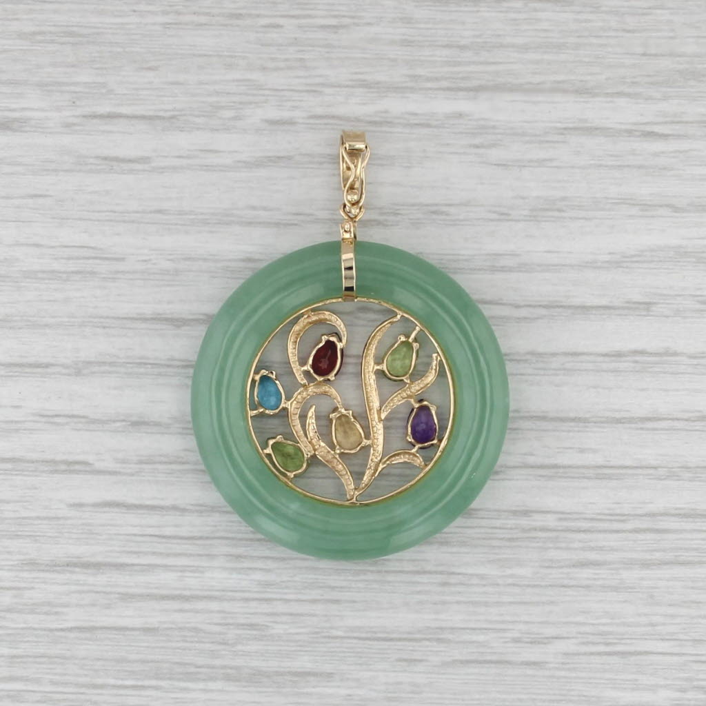 Jadeite Jade Hololith Gemstone Flower Pendant 14k Gold Clip Bail Statement