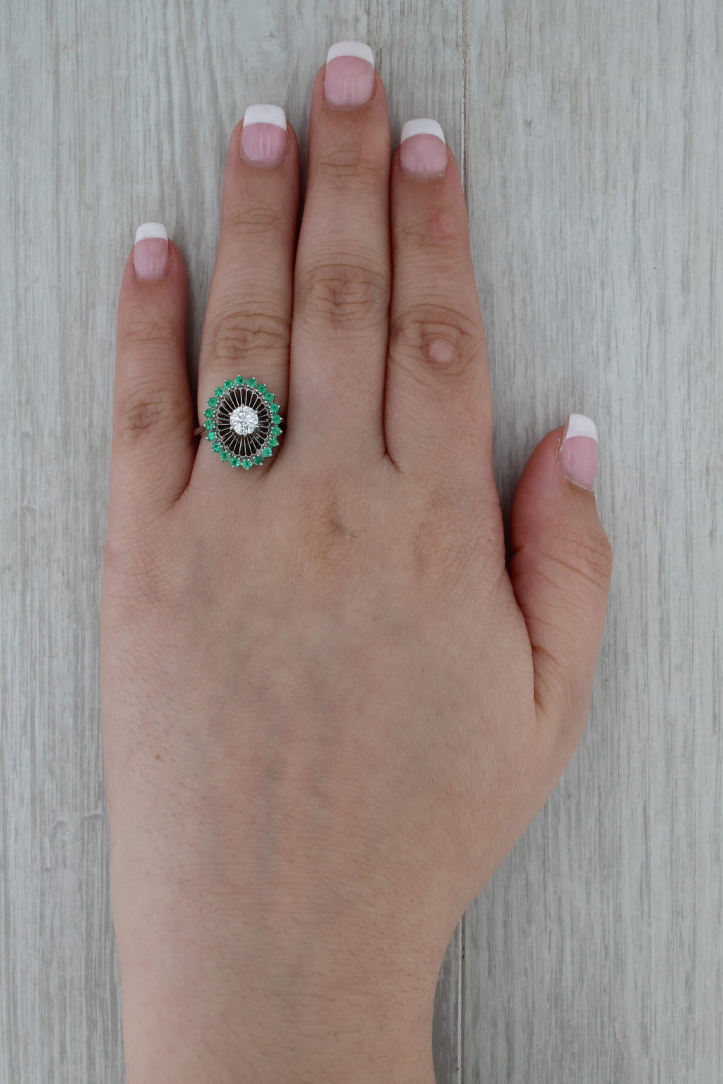 Jabel 0.86ctw Emerald Diamond Halo Engagement Ring 18k White Gold Size 6.25