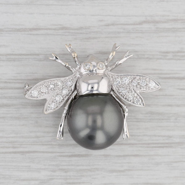 Gray Cultured Black Pearl 0.26ctw Diamond Flying Insect Brooch 18k White Gold Pin