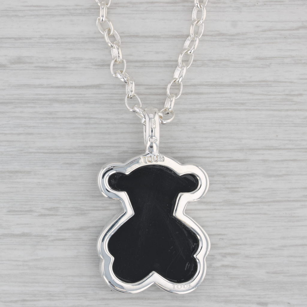 Gray Tous Onyx Teddy Bear Pendant Necklace Sterling Silver 23.5" Cable Chain