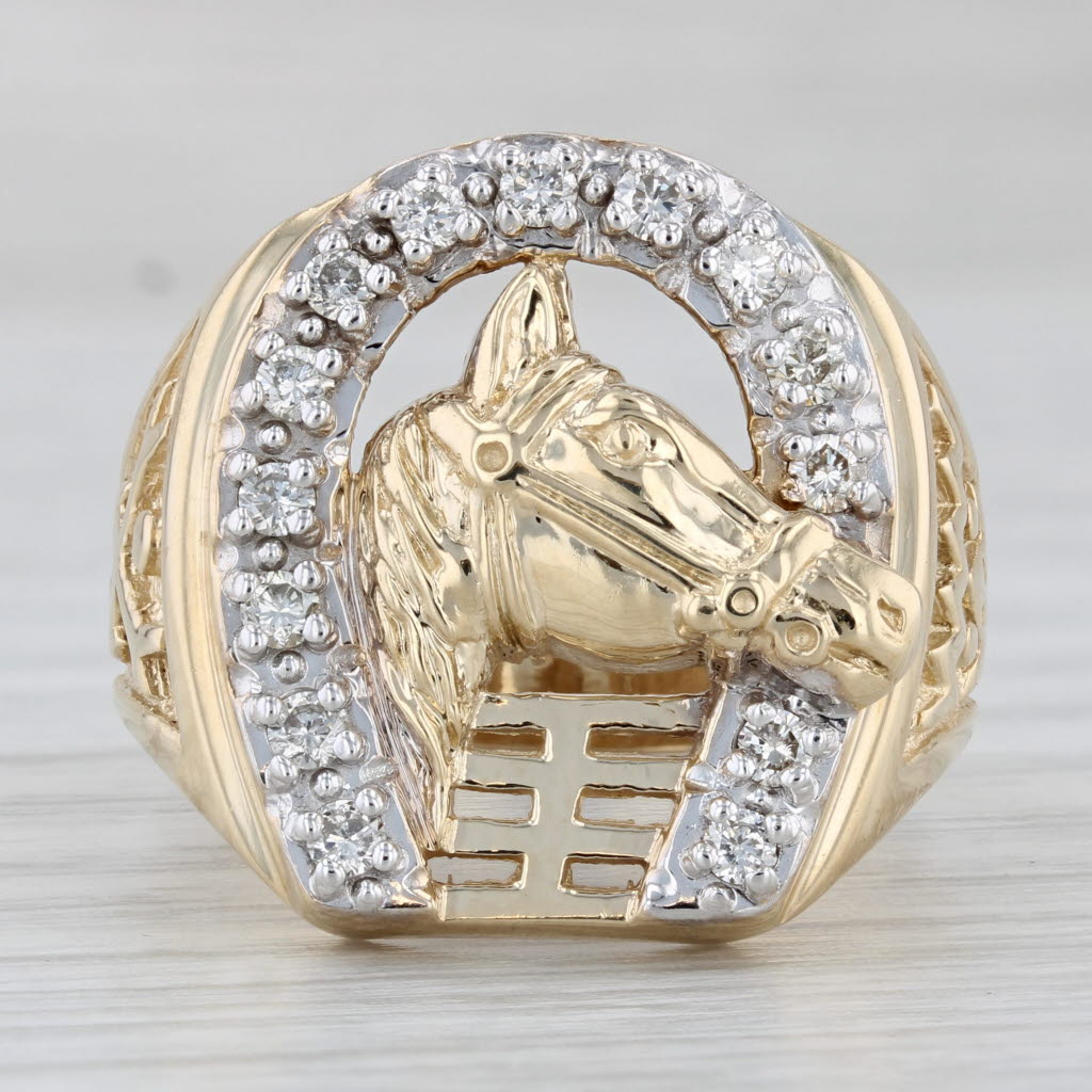 Gray 0.47ctw Diamond Horseshoe Horse Ring 10k Yellow Gold Men's Western Equestrian