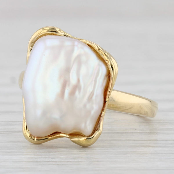 Light Gray Baroque Cultured Pearl Ring 18k Yellow Gold Size 7