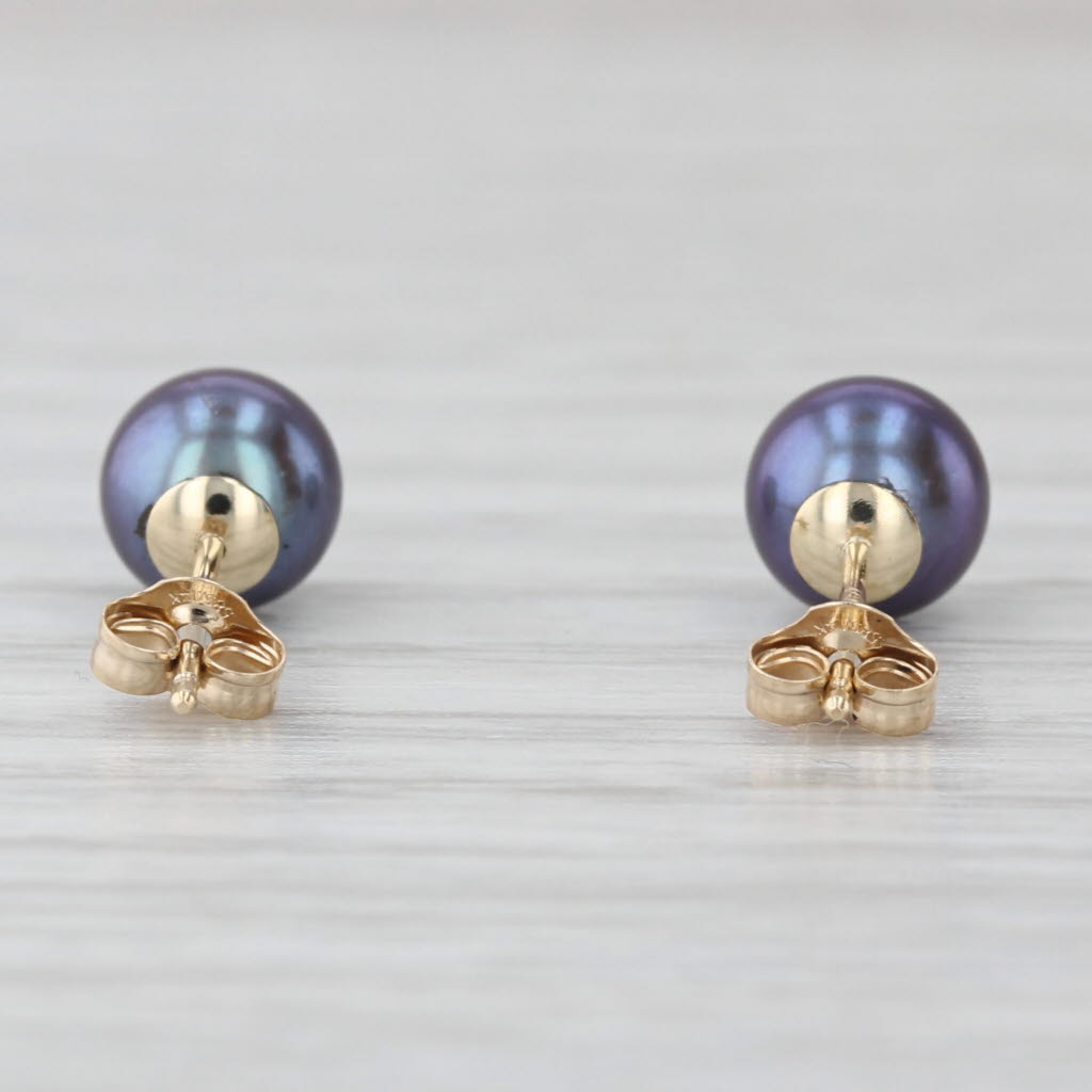 Cultured Black Pearl Stud Earrings 14k Yellow Gold 6mm Solitaire Studs