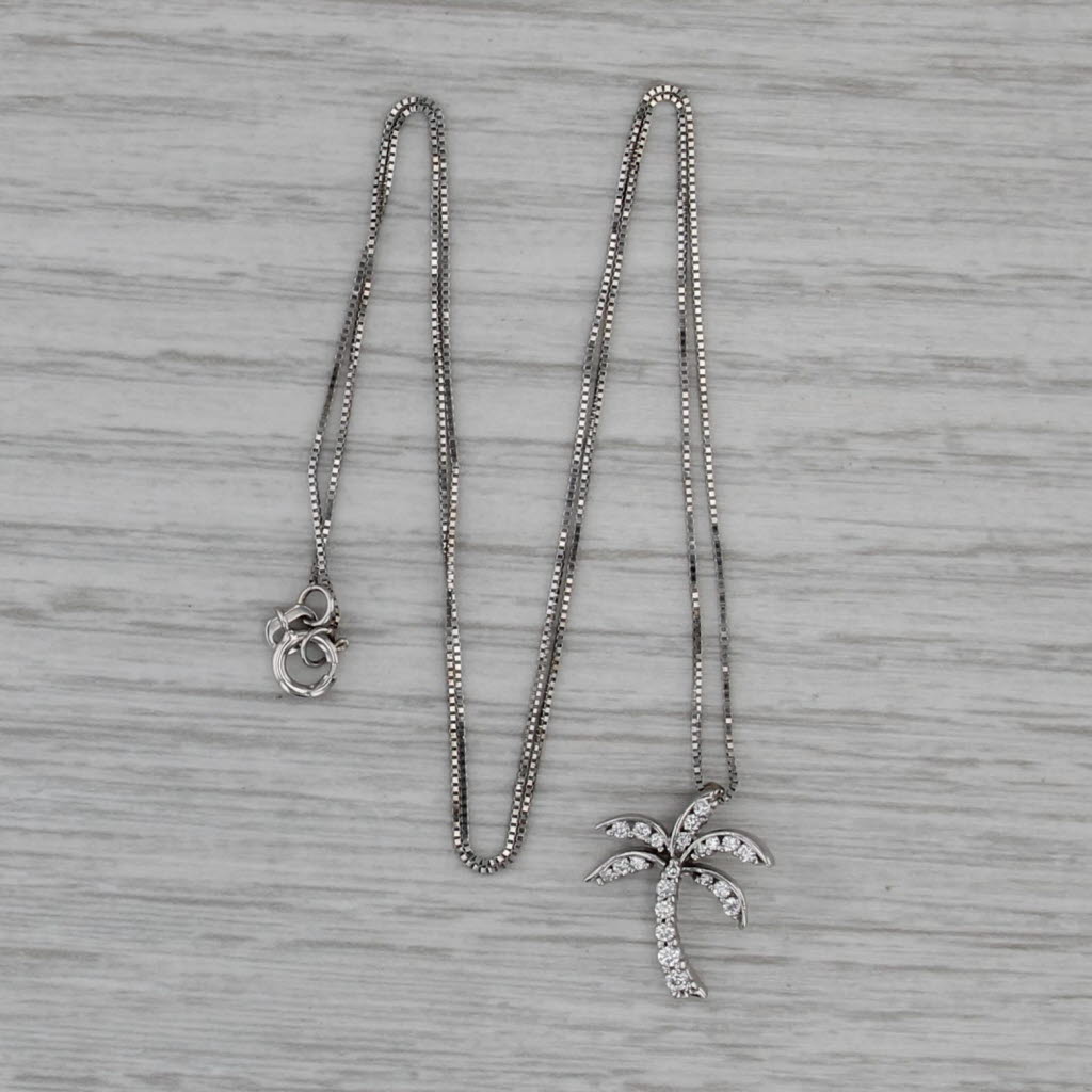 0.19ctw Diamond Palm Tree Pendant 14k White Gold 17.25" Box Chain