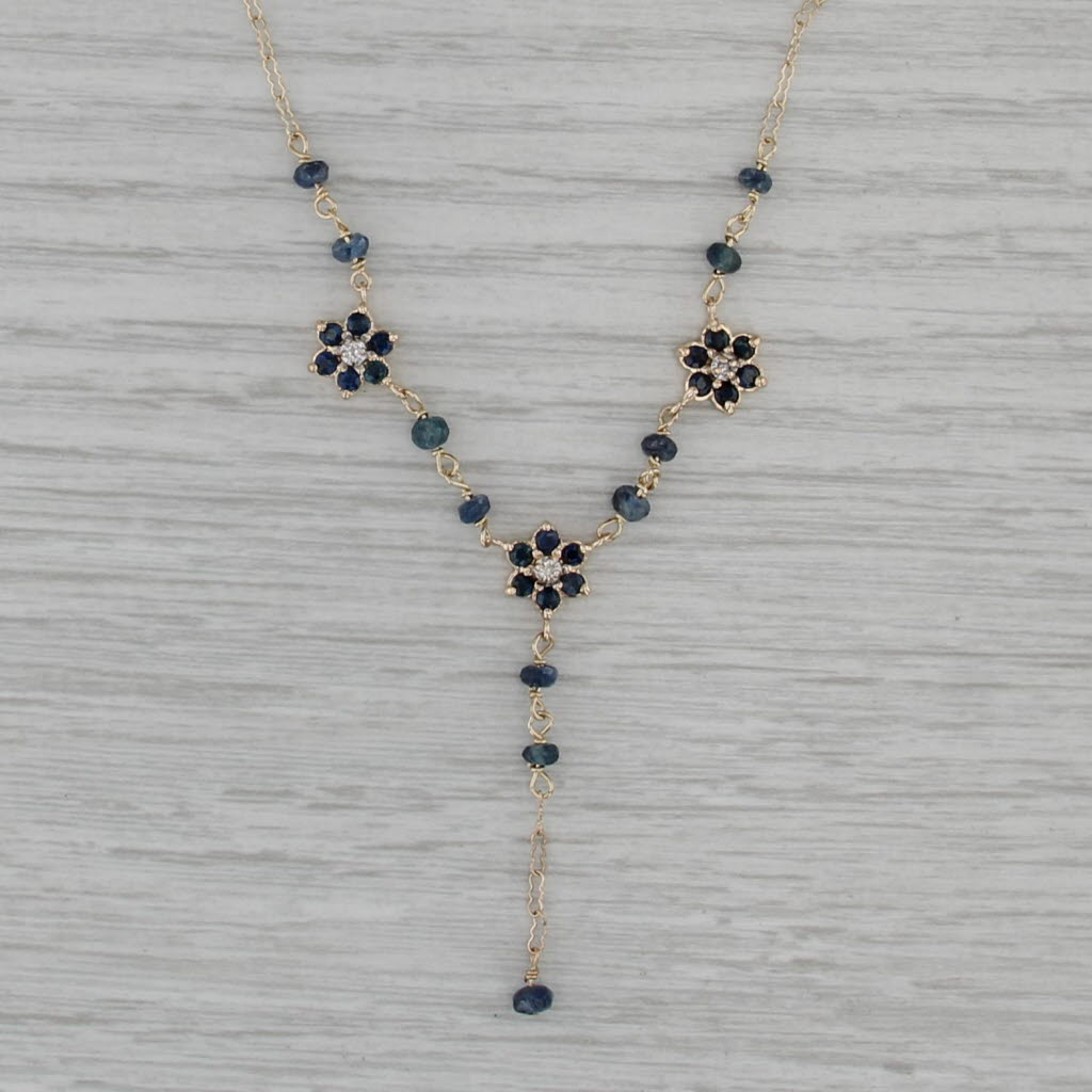 0.70ctw Blue Sapphire Flower Lariat Necklace 14k Gold 17.25" Crinkle Chain