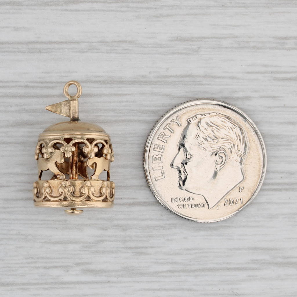 Gray Carousel Charm 14k Yellow Gold 3D Spins Vintage Pendant