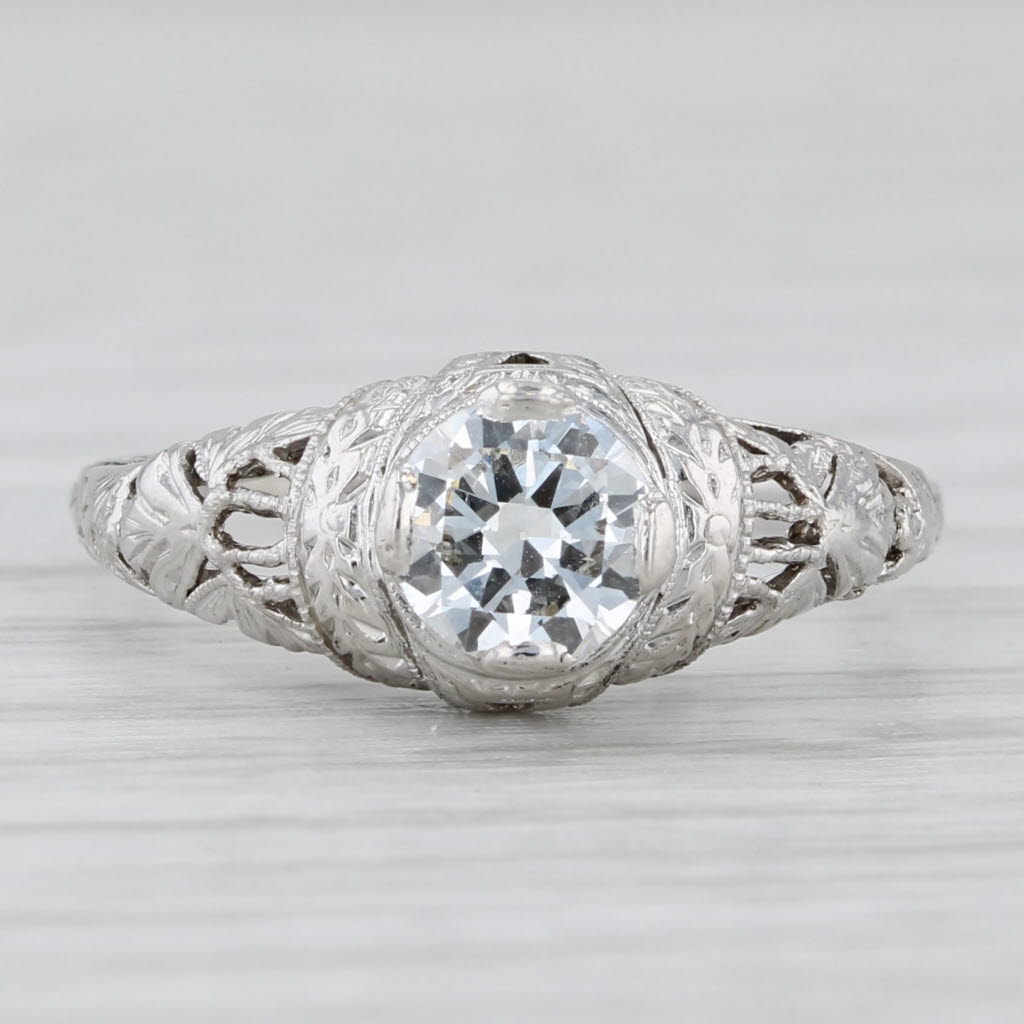 Light Gray Art Deco 0.51ct Round Diamond Solitaire Engagement Ring Platinum Size 6