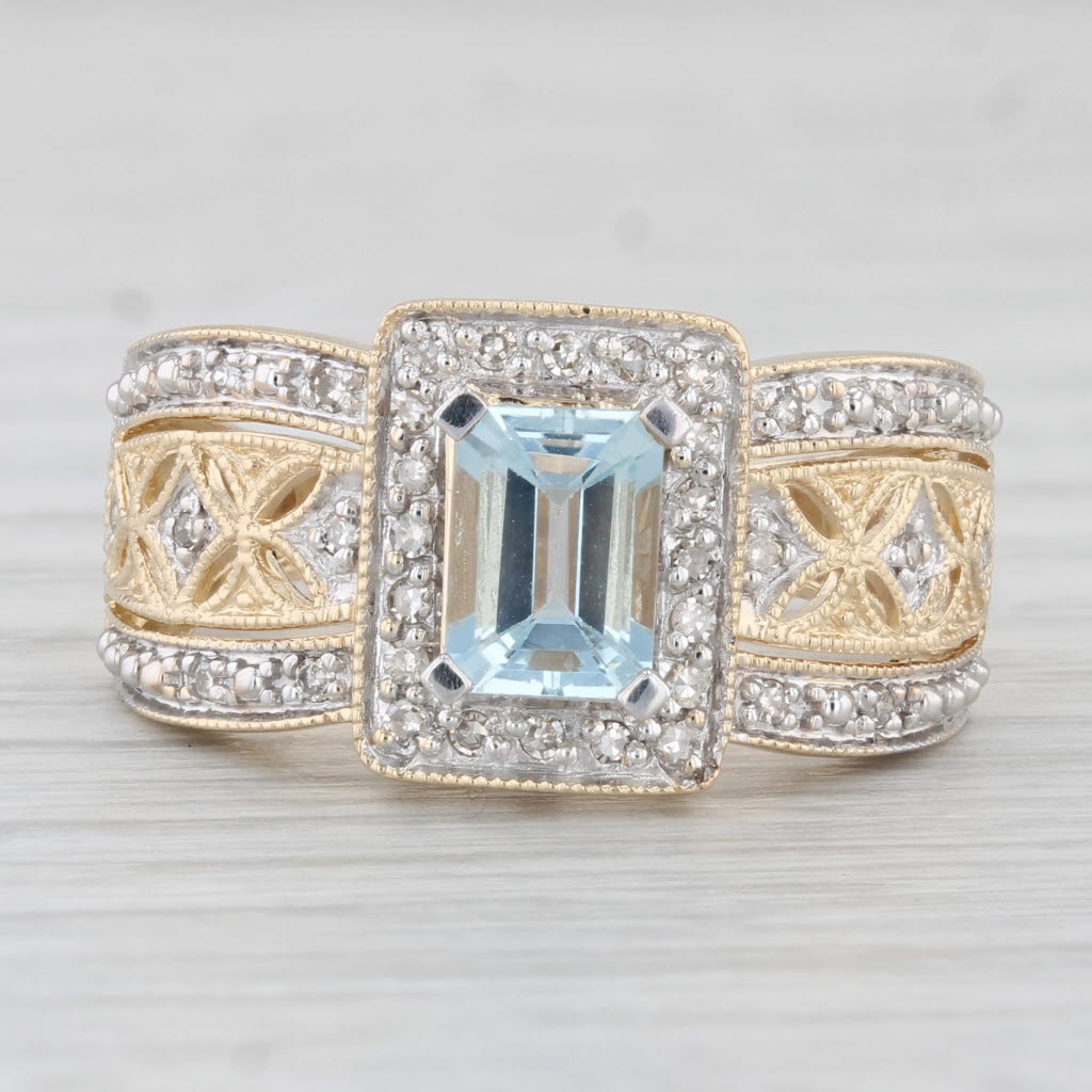 Light Gray 1.14ctw Aquamarine Diamond Cocktail Ring 14k Yellow Gold Size 8.25