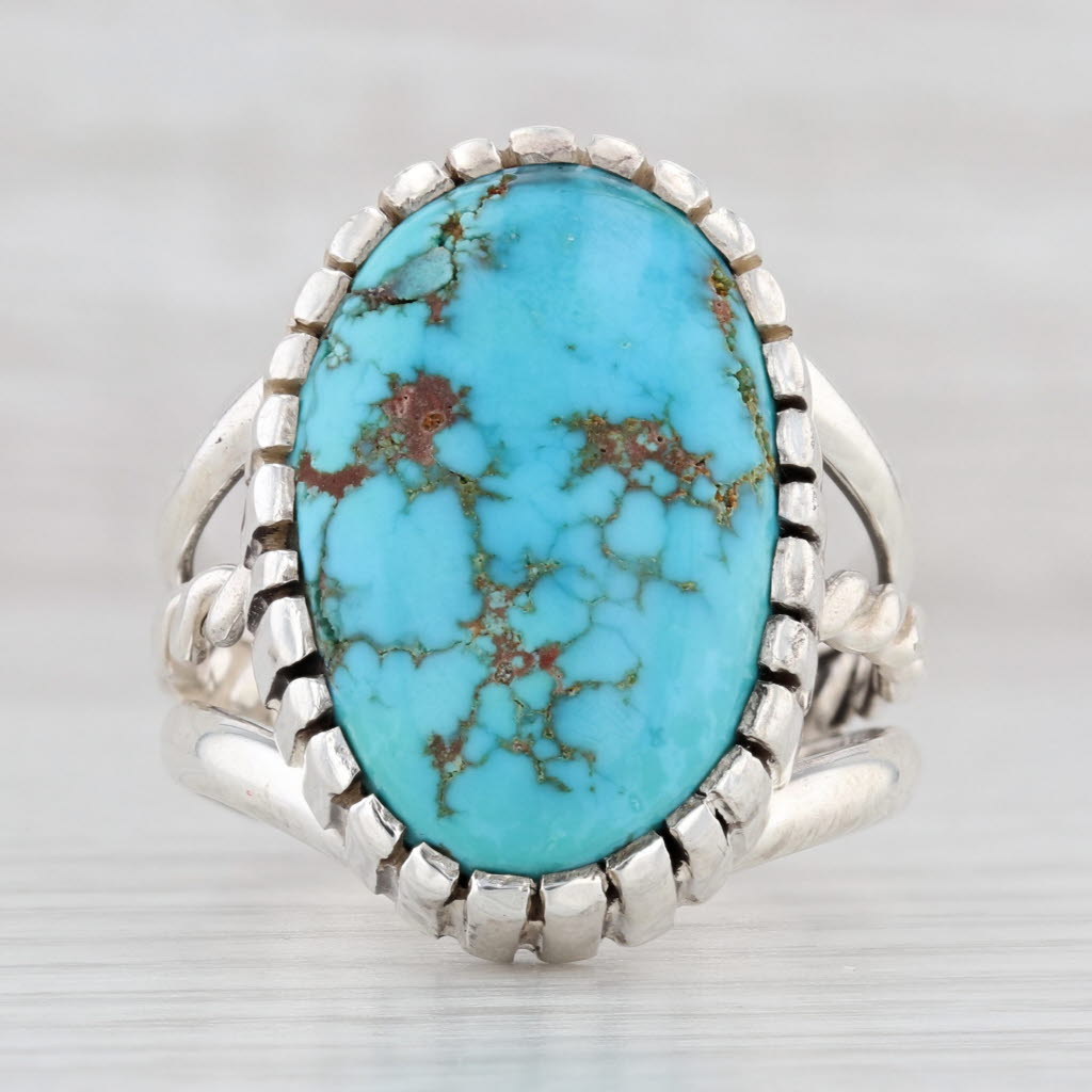 Light Gray Native American Large Turquoise Ring Sterling Silver Size 12.75 Stewart Signed