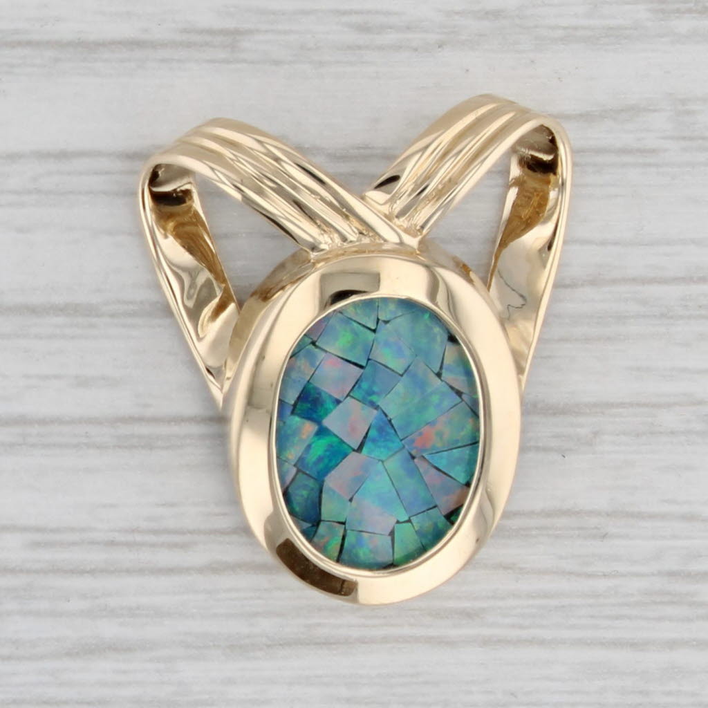 Gray Mosaic Opal Quartz Triplet Pendant 14k Yellow Gold Slide