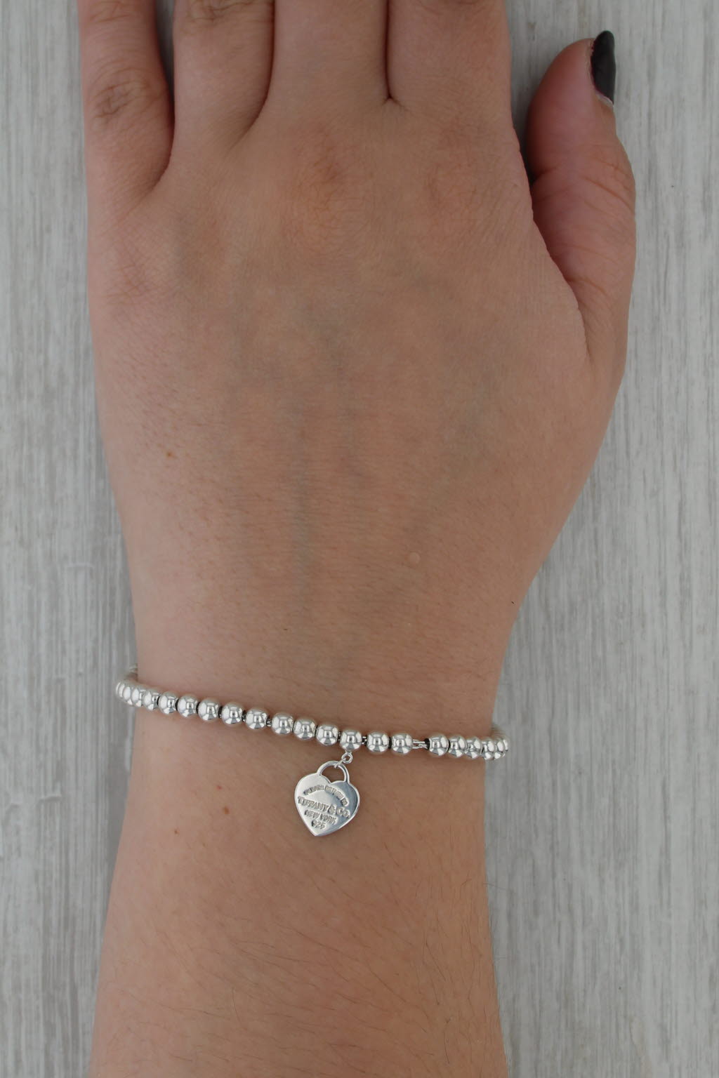 Return to Tiffany Heart Charm Bead Bracelet w/ Pouch Box Sterling Silver 6.5"