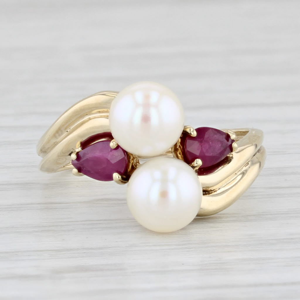 Light Gray Cultured Pearl Ruby Ring 10k Yellow Gold Size 5 Bypass