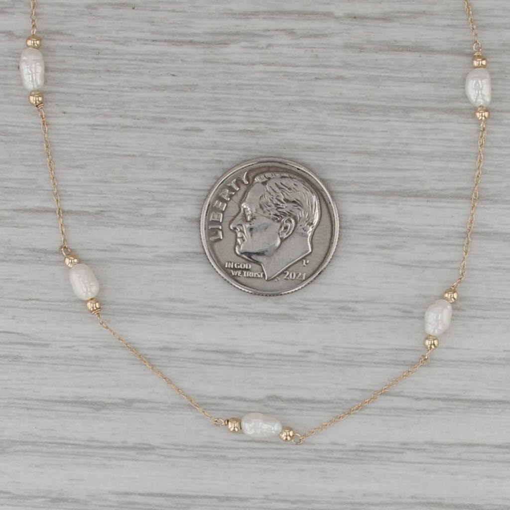 Fresh Water Rice Krispie Cultured Pearl Station Necklace 14k Gold 17" Rope Chain