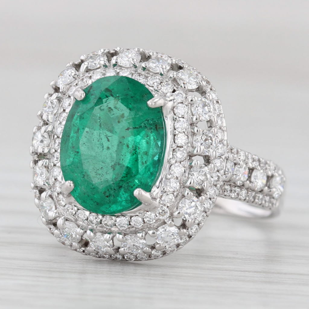 Light Gray 3.27ctw Emerald Diamond Halo Ring 18k White Gold Size 6.5 GIA Engagement