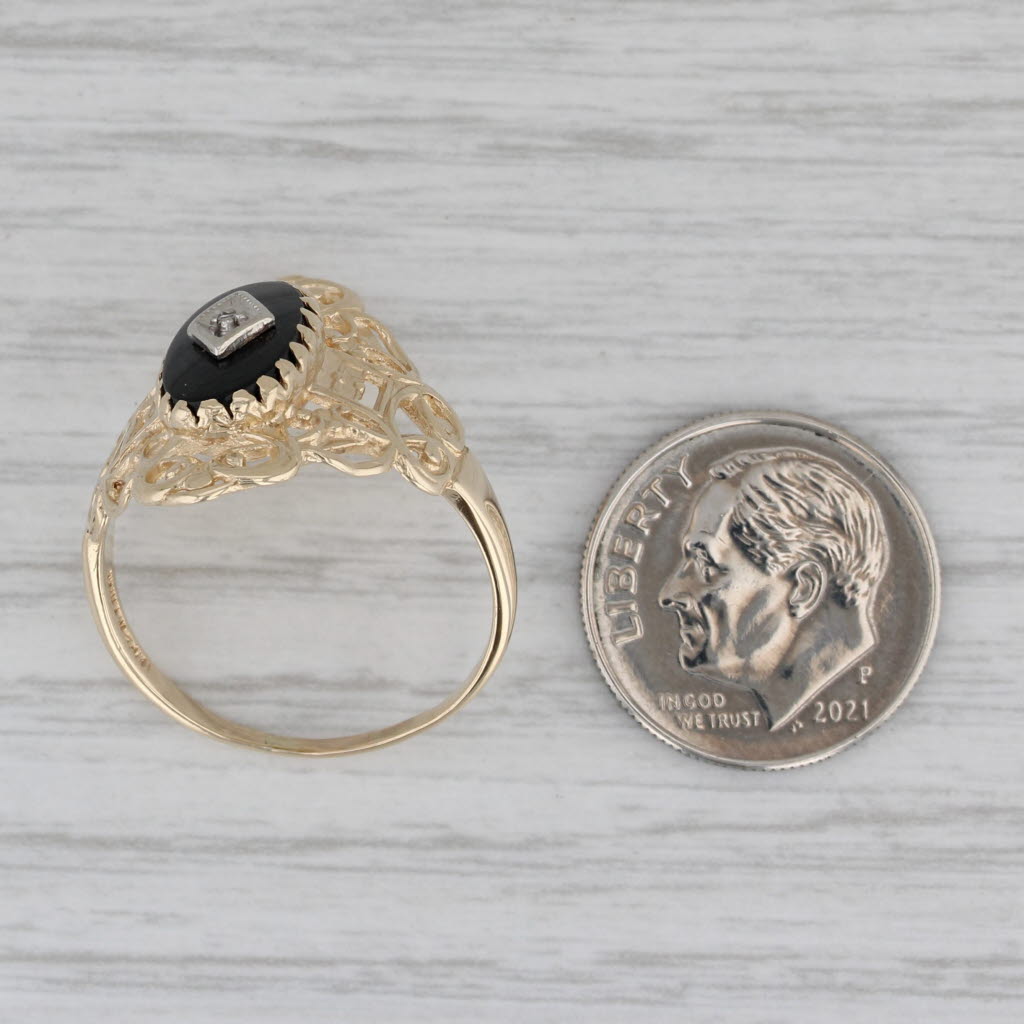 Gray Onyx Ornate Signet Ring 10k Yellow Gold Size 9.25 Diamond Accent