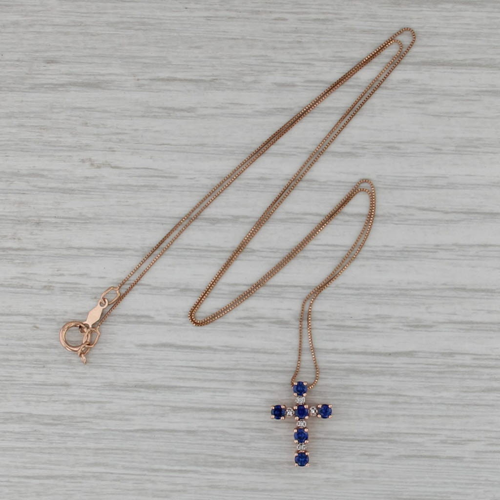 Lab Created Sapphire Diamond Cross Pendant Necklace 10k Rose Gold 18" Box Chain