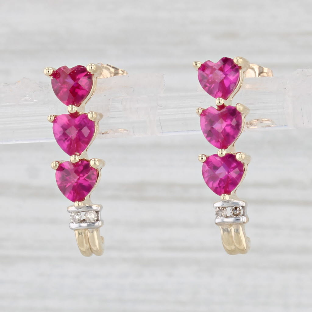 Light Gray 2ctw Lab Created Ruby Hearts Journey J-Hook Earrings 10k Gold Diamond Accents