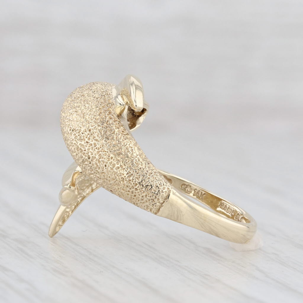 Light Gray Dolphin Bypass Ring 14k Yellow Gold Size 7 Nautical Jewelry