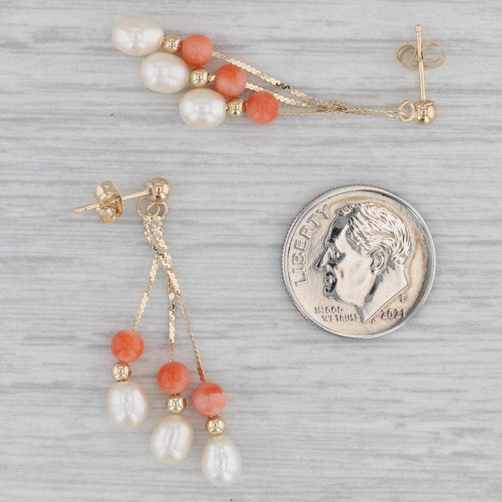Gray Vintage Orange Coral Cultured Pearl Dangle Earrings 14k Yellow Gold Bead Drops