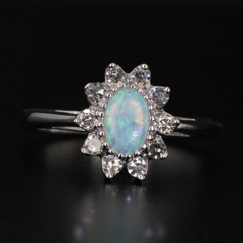 Black Opal Cabochon 0.20ctw Diamond Halo Ring 14k White Gold Size 6.5