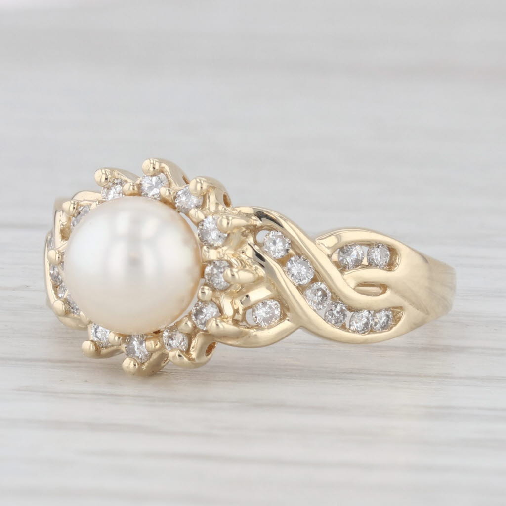 Light Gray Cultured Pearl Diamond Halo Ring 14k Yellow Gold Size 7 Floral