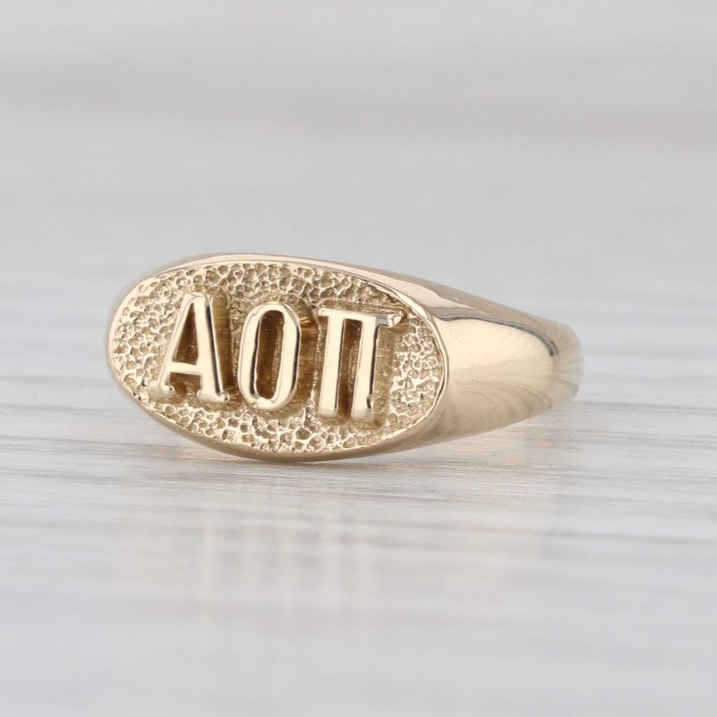 Alpha Omicron Pi Ring 10k Yellow Gold Green Letter Signet Greek Sorority Size 3