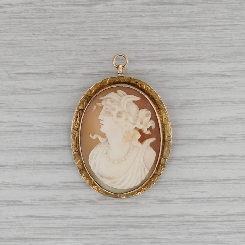 Antique Cameo Brooch Pendant 10k Yellow Gold Figural Carved Shell