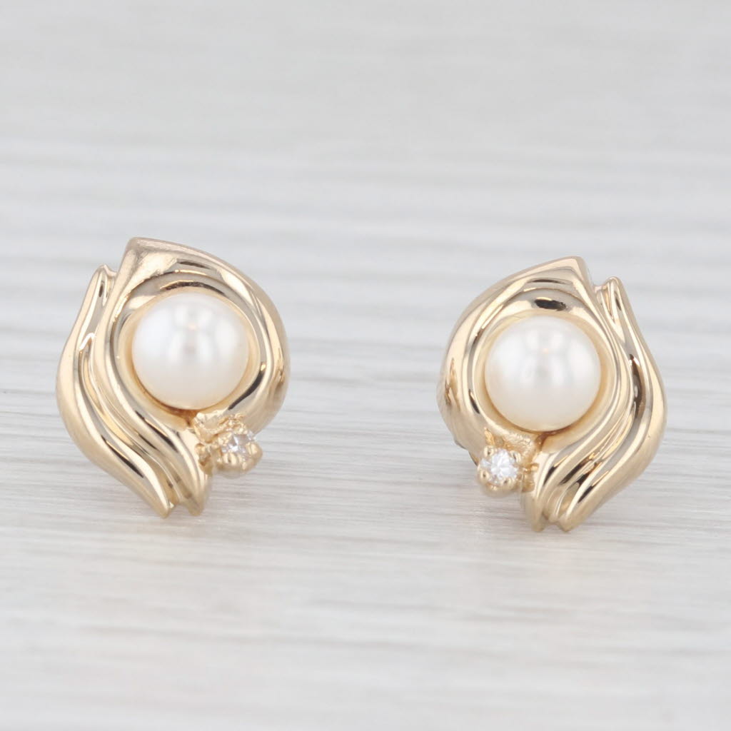 Light Gray Cultured Pearl Diamond Stud Earrings 14k Yellow Gold