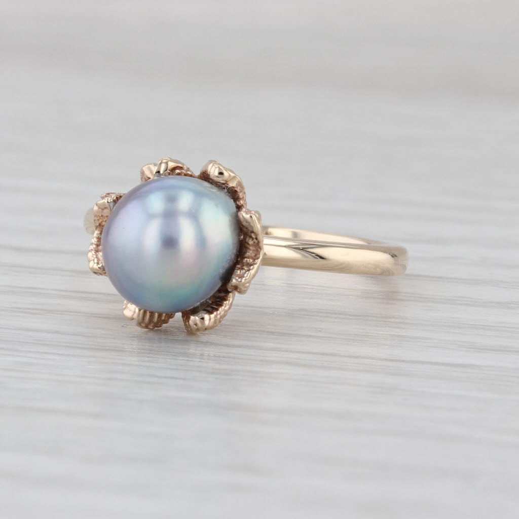 Cultured Saltwater Black Pearl Solitaire Ring 14k Yellow Gold Size 7.5