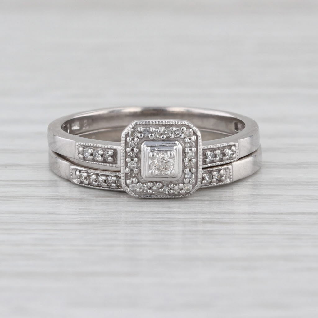 0.11ctw Diamond Halo Engagement Ring Wedding Band Bridal Set 10k White Gold