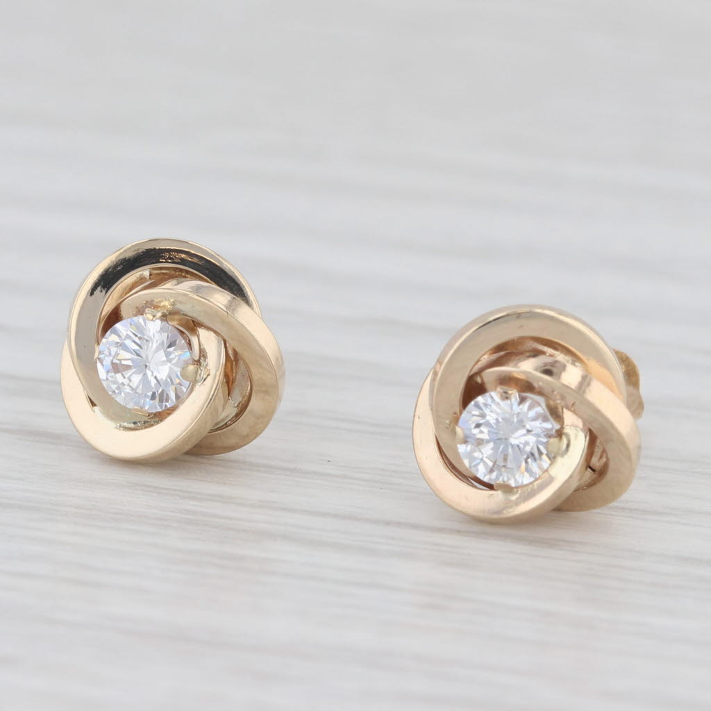 Light Gray Cubic Zirconia Solitaire Knot Stud Earrings 14k Yellow Gold