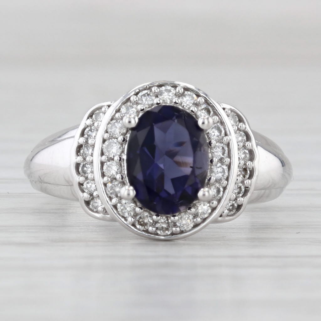 Light Gray 1.17ctw Blue Iolite Diamond Halo Ring 14k White Gold Size 5.25