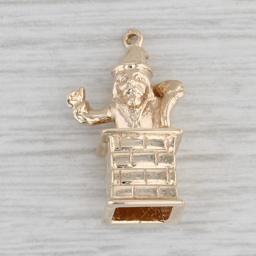 Gray Santa in Chimney Charm 10k Gold Christmas Holiday Jewelry 3D Figural Pendant