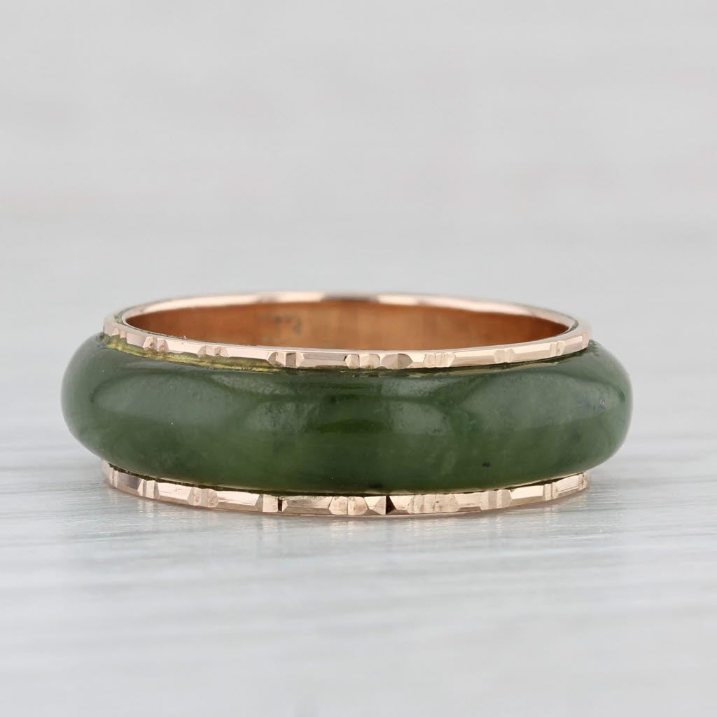 Light Gray Green Nephrite Jade Band Gold Bamboo Pattern 14k Size 8.25 Ring