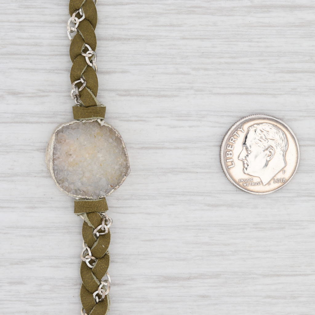 New Nina Wynn Cordelia Necklace Woven Green Leather White Druzy Quartz Pendant