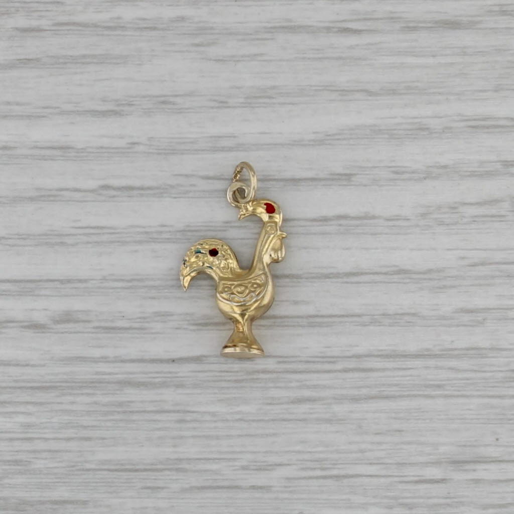 Vintage Rooster Chicken Charm 20k Yellow Gold Enamel Portugal Pendant